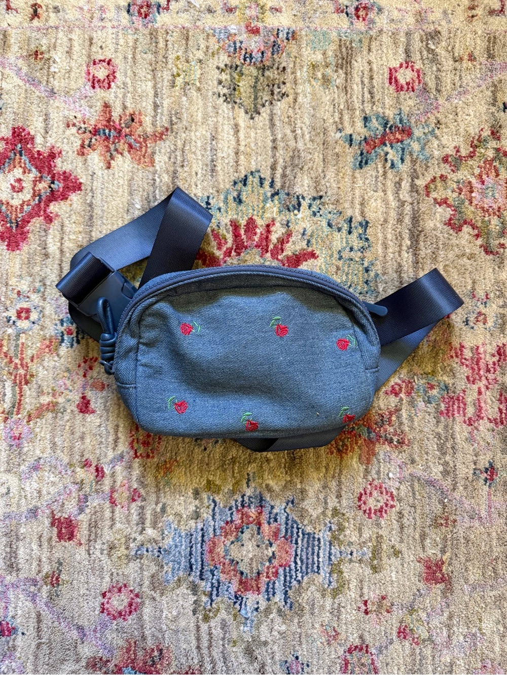 Denim Canvas Waist Bag with Embroidered Red Roses